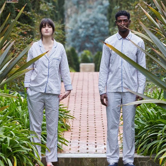 Marina Pajama Set in Cream, Blue & Red Dual Stripe [M] - Picture 3 of 8